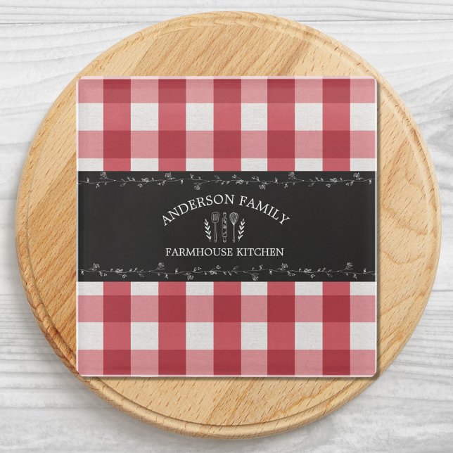 Dessous-de-verre En Verre Gingham Rouge Campagne Rustique Tableau Noir (Close up)