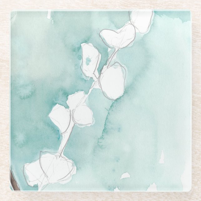 Dessous-de-verre En Verre Ginkgo sur Teal poussiéreux - blanc (Devant)