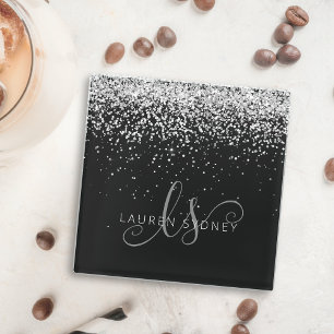 Dessous-de-verre En Verre Glam Black Silver Parties scintillant Nom du monog