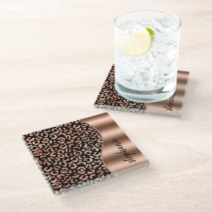 Dessous-de-verre En Verre Glam Faux Foil Leopard Spots Rose Gold Black Name