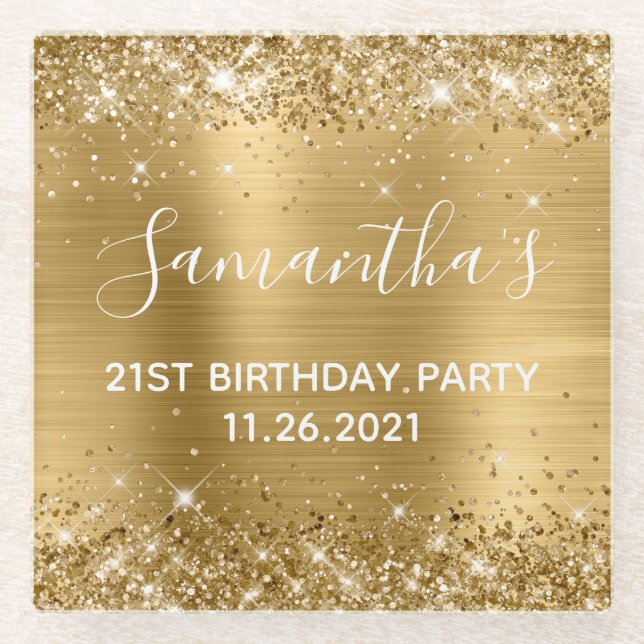 Dessous-de-verre En Verre Glittery Gold Foil 21e fête d'anniversaire (Devant)