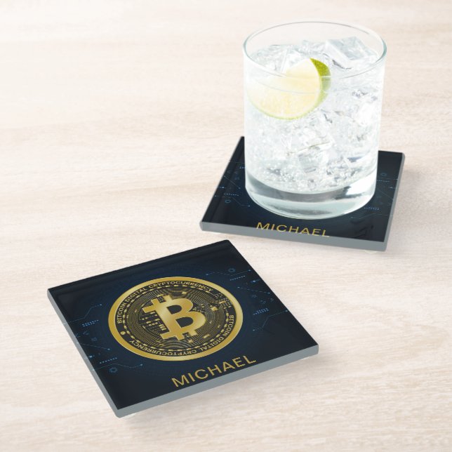 Dessous-de-verre En Verre Gold Bitcoin Cryptomonnaie Nom personnalisé (Incliné)