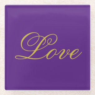 Dessous-de-verre En Verre Gold Color Script Love Purple Mariage Calligraphie
