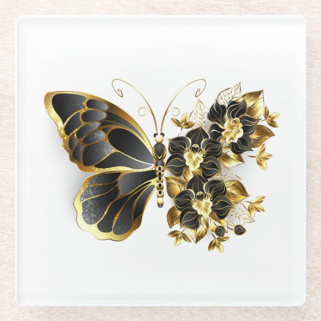 Dessous-de-verre En Verre Gold flower Butterfly with Black Orchid (Devant)