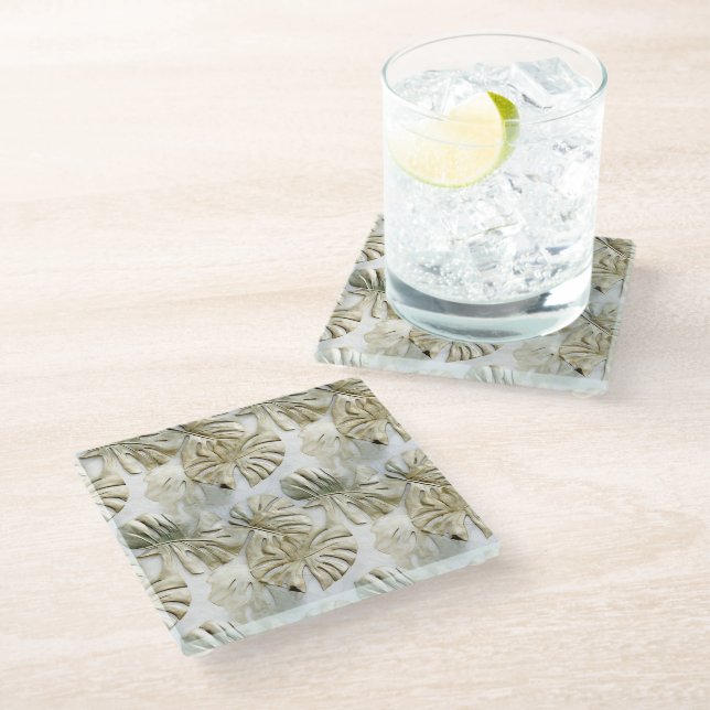 Dessous-de-verre En Verre Gold Green Tropical Feuille Sage (Incliné)