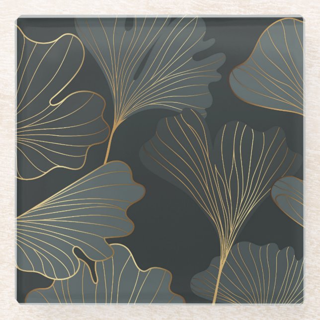 Dessous-de-verre En Verre Golden Ginkgo : Luxueux Déco Floral. (Devant)