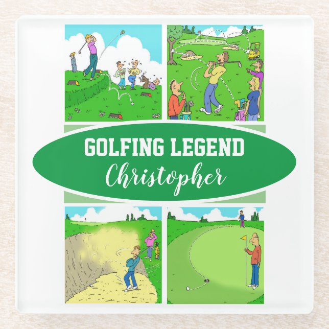 Dessous-de-verre En Verre Golf Legend avec 4 Drôle Cartoons Golf (Devant)