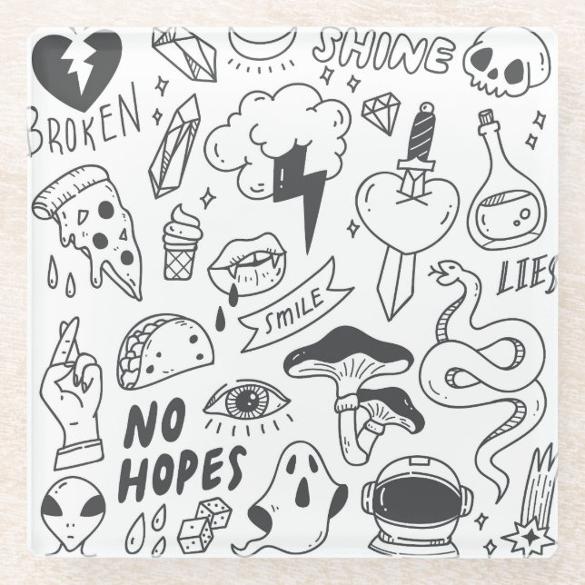 Dessous-de-verre En Verre Graffiti mignon : Doodle Art Set. (Devant)
