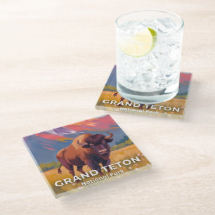 Dessous-de-verre En Verre Grand Teton National Park   Bison Art de voyage