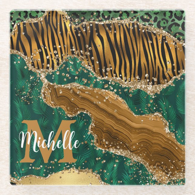 Dessous-de-verre En Verre Green & Gold Safari Parties scintillant animale Ag (Devant)