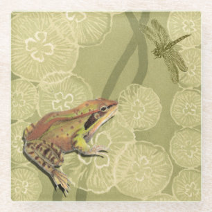 Dessous-de-verre En Verre Grenouille et libellule sur des nénuphars