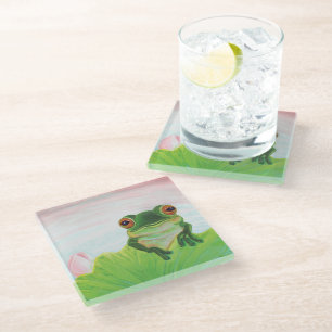 Dessous-de-verre En Verre Grenouille verte derrière le dessous de verre en v