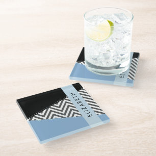 Dessous-de-verre En Verre Grey Zigzag, Grey Chevron, Bleu, Votre Nom