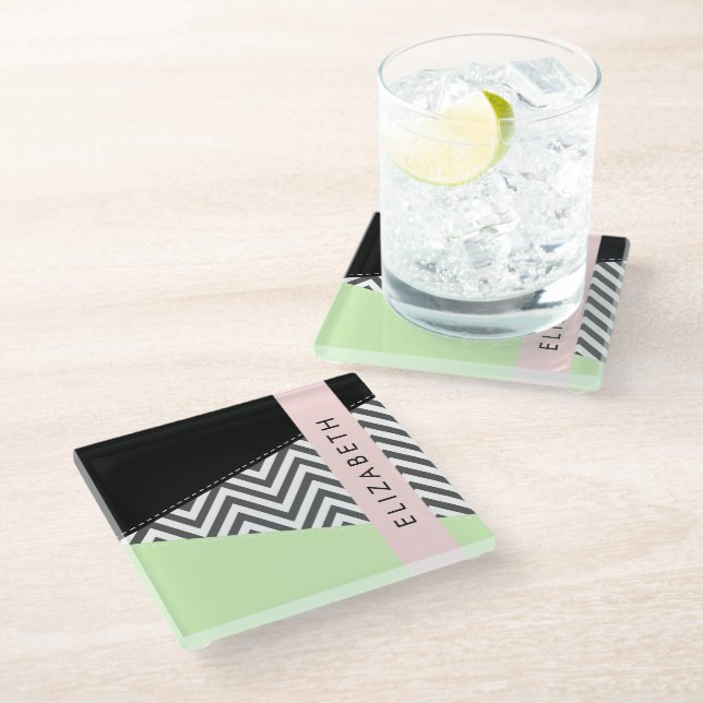 Dessous-de-verre En Verre Grey Zigzag, Grey Chevron, Mint, Votre Nom (Incliné)
