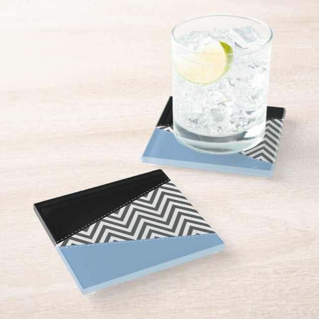 Dessous-de-verre En Verre Gris Zigzag, Gris Chevron, Motif Zigzag, Bleu (Incliné)