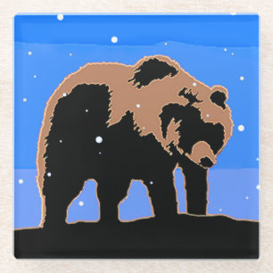 Dessous-de-verre En Verre Grizzly Bear en hiver - Art original de la faune