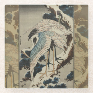 Dessous-de-verre En Verre Grues sur un pin couvert de neige Hokusai