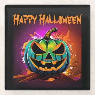 Dessous-de-verre En Verre Halloween coloré Déplaisant Citrouille noir