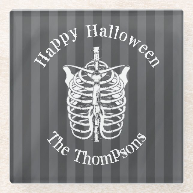Dessous-de-verre En Verre Halloween squelette Éffrayant noir et blanc (Devant)