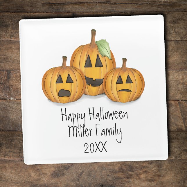 Dessous-de-verre En Verre Happy Halloween Citrouilles orange personnalisé (Happy Halloween Custom Glass Coaster.)