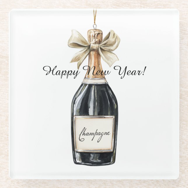 Dessous-de-verre En Verre Happy New Year Gold Black Champagne Bottle (Devant)