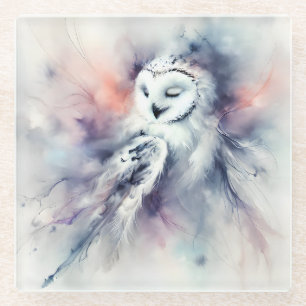 Dessous-de-verre En Verre Hibou Blanc Enchanté en Aquarelle
