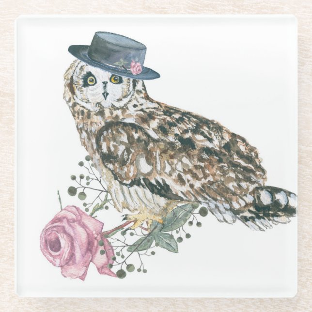 Dessous-de-verre En Verre Hibou d'aquarelle (Devant)