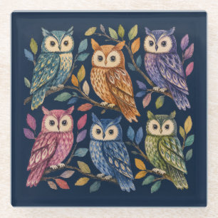 Dessous-de-verre En Verre Hiboux Artistiques Oiseaux Colorés Nature Forêt
