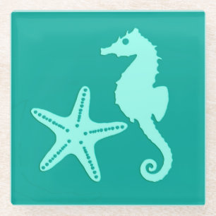 Dessous-de-verre En Verre Hippocampe et poisson étoile - turquoise et aqua