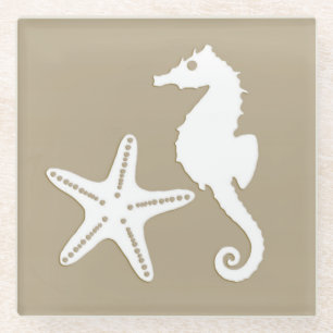 Dessous-de-verre En Verre Hippocampe et poisson-étoiles - blanc sur taupe