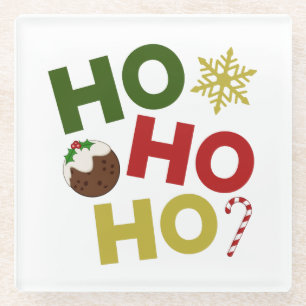 Dessous-de-verre En Verre HO HO HO+Christmas Pudding, bonbons, flocon de nei