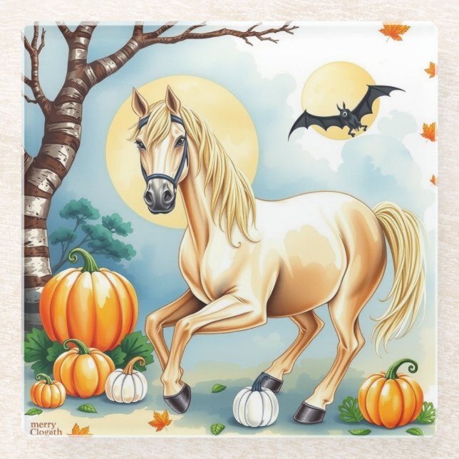 Dessous-de-verre En Verre Horse Halloween With Pumpkin (Devant)