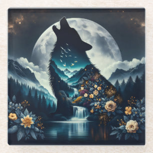 Dessous-de-verre En Verre Howling Wolf   Pleine lune Ai Art