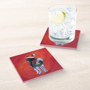 Dessous-de-verre En Verre Husky à Santa Hat Sur Rouge