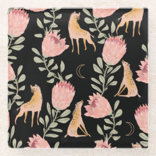 Dessous-de-verre En Verre Hyena & Protea : Arrière - plan noir sans couture