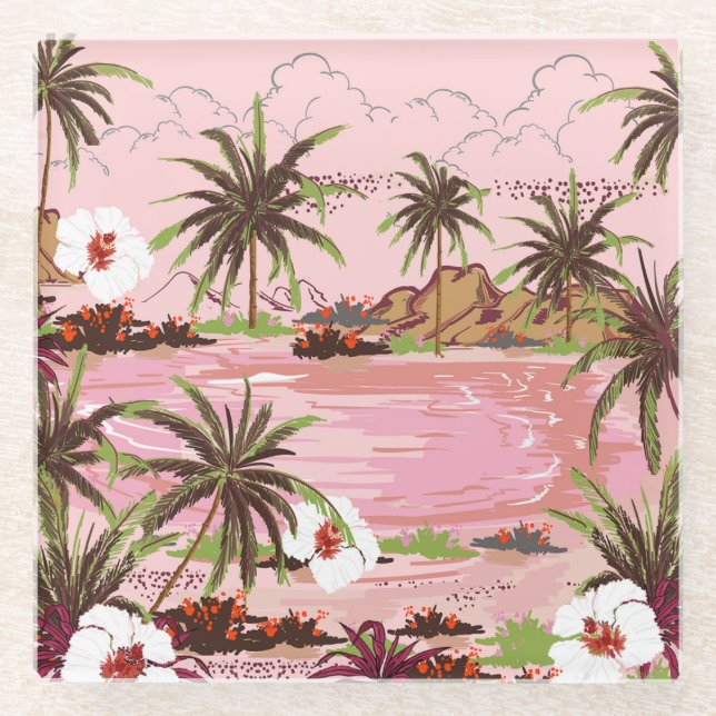 Dessous-de-verre En Verre Île tropicale des mers roses et palmiers (Devant)