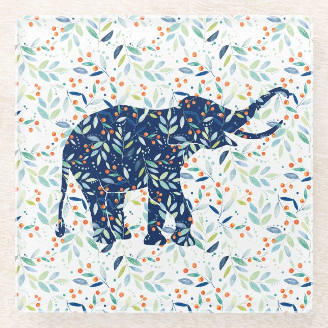 Dessous-de-verre En Verre Illustration d'éléphant des feuilles botaniques co (Devant)
