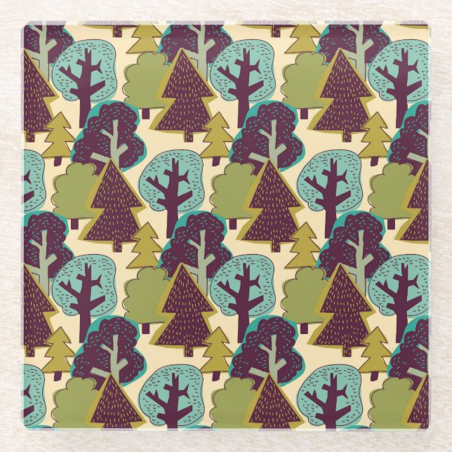 Dessous-de-verre En Verre Illustration des arbres à gribouillis couleur forê (Devant)