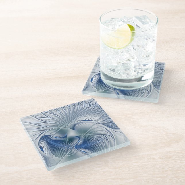 Dessous-de-verre En Verre Imaginaire dynamique tons bleus Abstraits Art frac (Incliné)