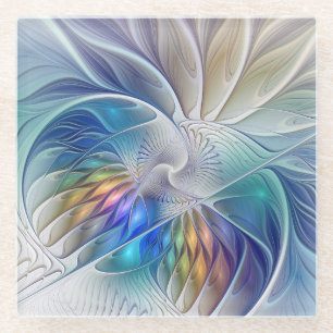 Dessous-de-verre En Verre Imaginaire Floral, Fleur Fractale Abstraite coloré