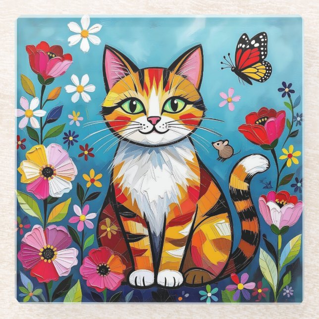 Dessous-de-verre En Verre Impasto Cat, Flowers & Butterfly (Devant)