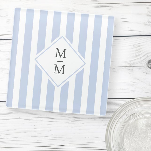 Dessous-de-verre En Verre Initiales monogrammes bleu clair pâle rayures blan (Monogram initials dusty light blue white stripes glass coaster)
