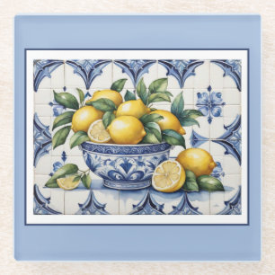 Dessous-de-verre En Verre Italien Amalfi bleu carreaux blanc bol de citrons
