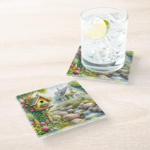 Dessous-de-verre En Verre Jardin de cottage fantaisiste Niche à oiseaux Ruis