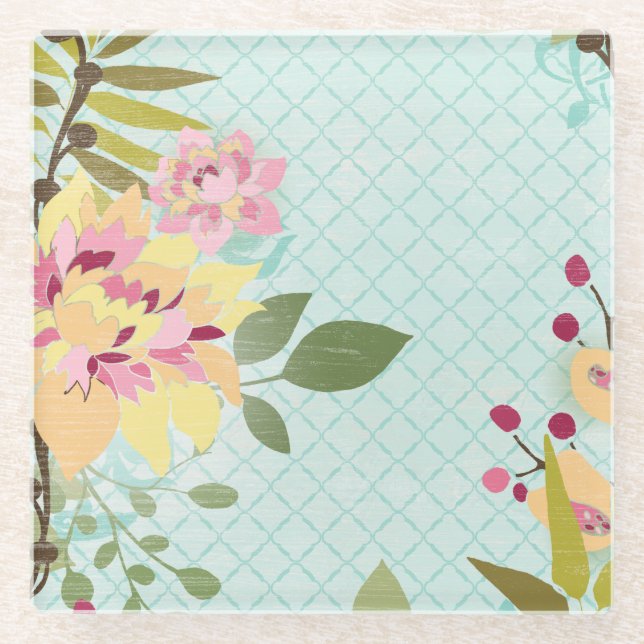 Dessous-de-verre En Verre Jardin floral, Arrière - plan bleu (Devant)