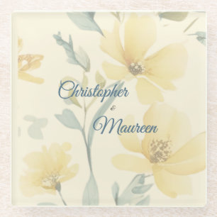 Dessous-de-verre En Verre Jaune Beurre Pâle Mariage Floral Bleu Tendre