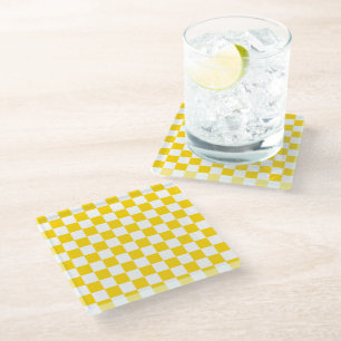 Dessous-de-verre En Verre Jaune et blanc À damiers échecs Retro