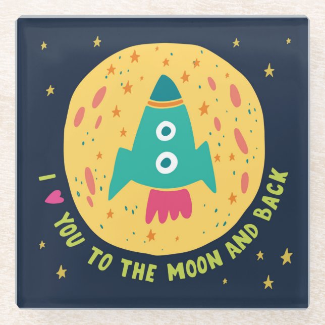 Dessous-de-verre En Verre Je t'aime à la lune et au Rocketship arrière (Devant)