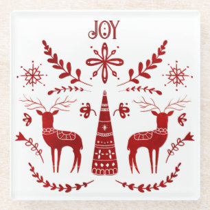 Dessous-de-verre En Verre Joie de Noël Rouge Scandinave renne d'art populair