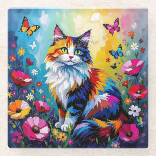 Dessous-de-verre En Verre Joli Chat et Fleurs Impasto Colorés
